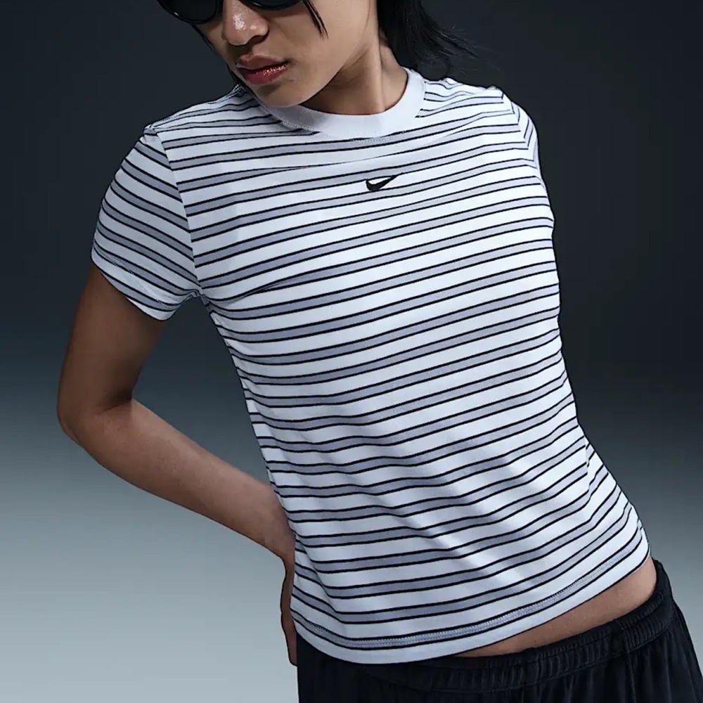 Nike White and Black Striped Short Sleeve Tee